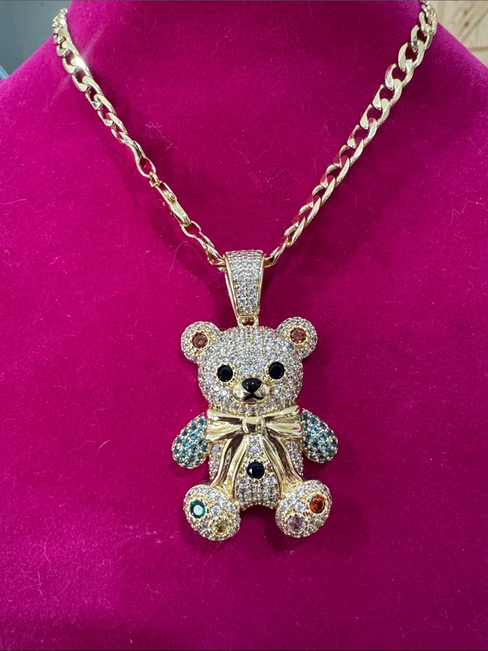Gold Teddy Bear Pendant Necklace with Multicolor Stones